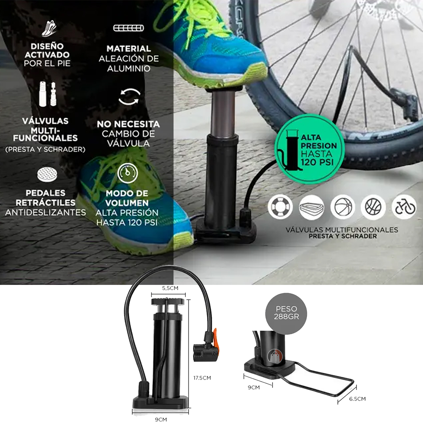 Inflador De Pie Con Vavula Universal